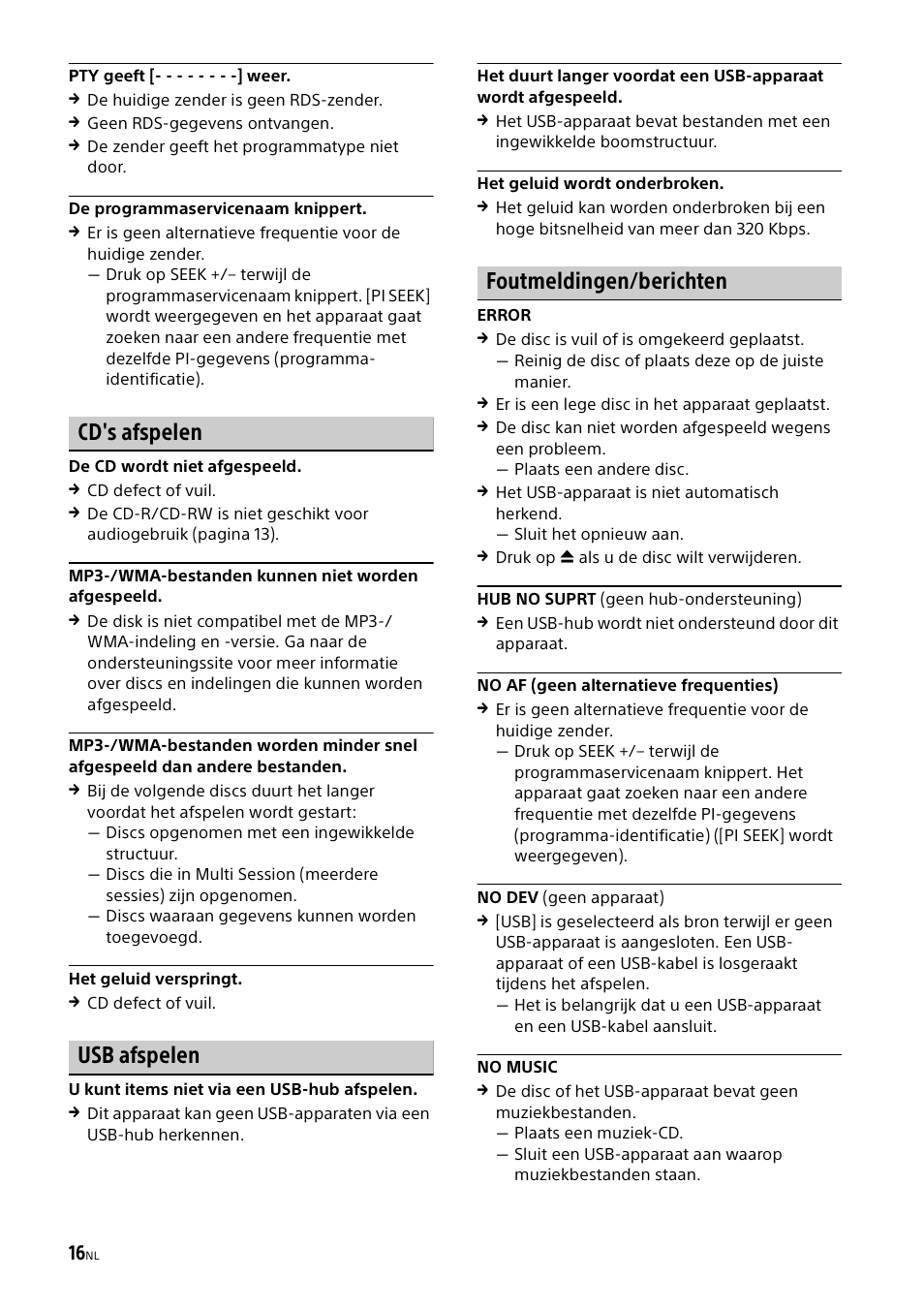 Cd's afspelen, Usb afspelen, Foutmeldingen/berichten | Sony CDX-G1000U User Manual | Page 82 / 84