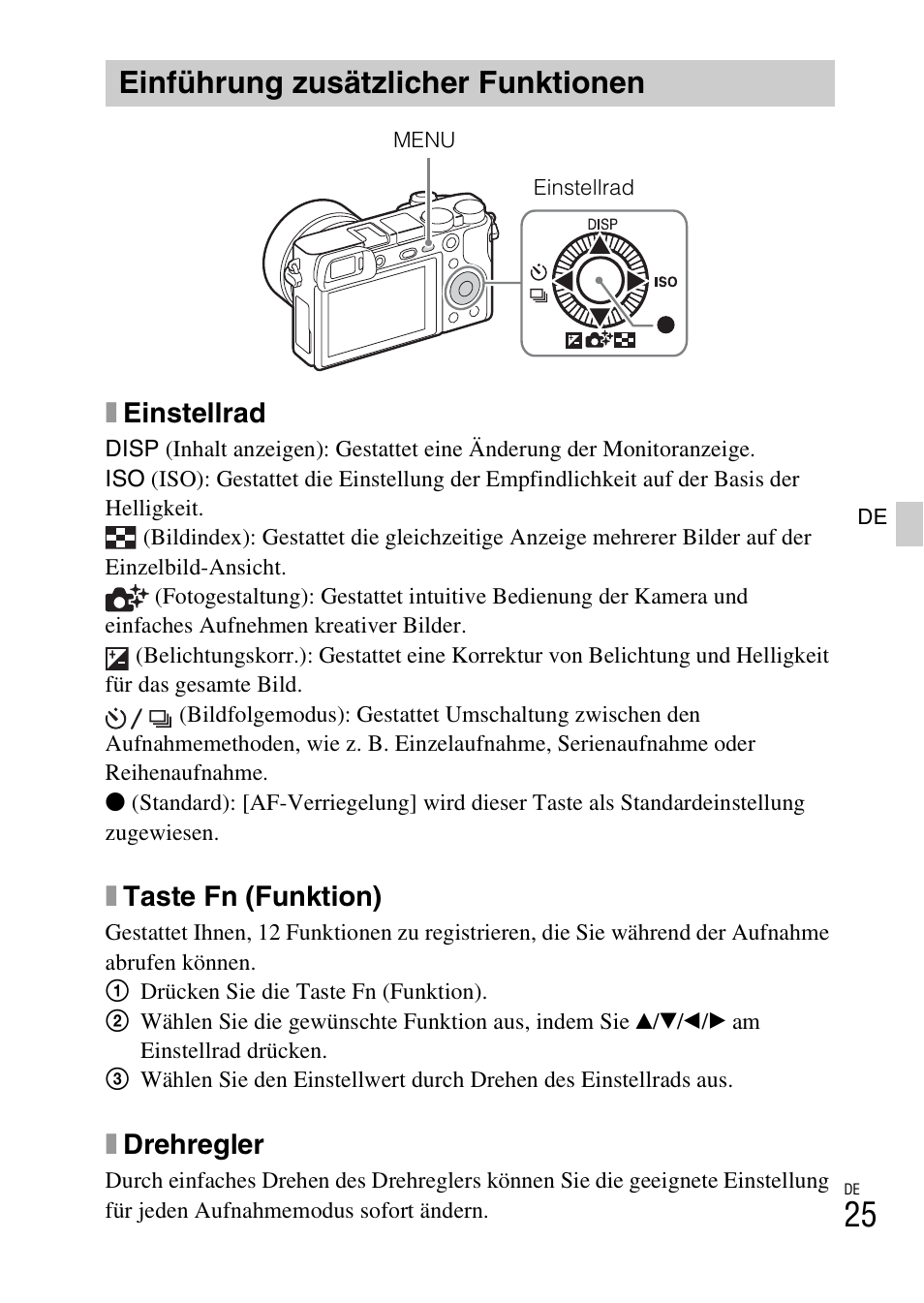 Einführung zusätzlicher funktionen, Seite 25, Xeinstellrad | Xtaste fn (funktion), Xdrehregler | Sony ILCE-6000L User Manual | Page 101 / 519