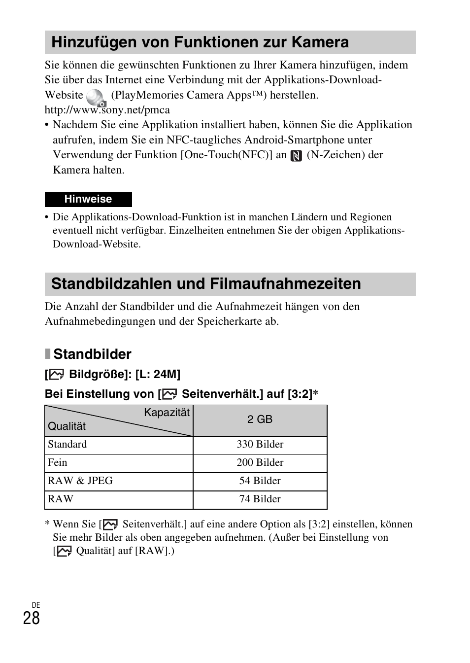 Hinzufügen von funktionen zur kamera, Standbildzahlen und filmaufnahmezeiten, Seite 28 | Xstandbilder | Sony ILCE-6000L User Manual | Page 104 / 519