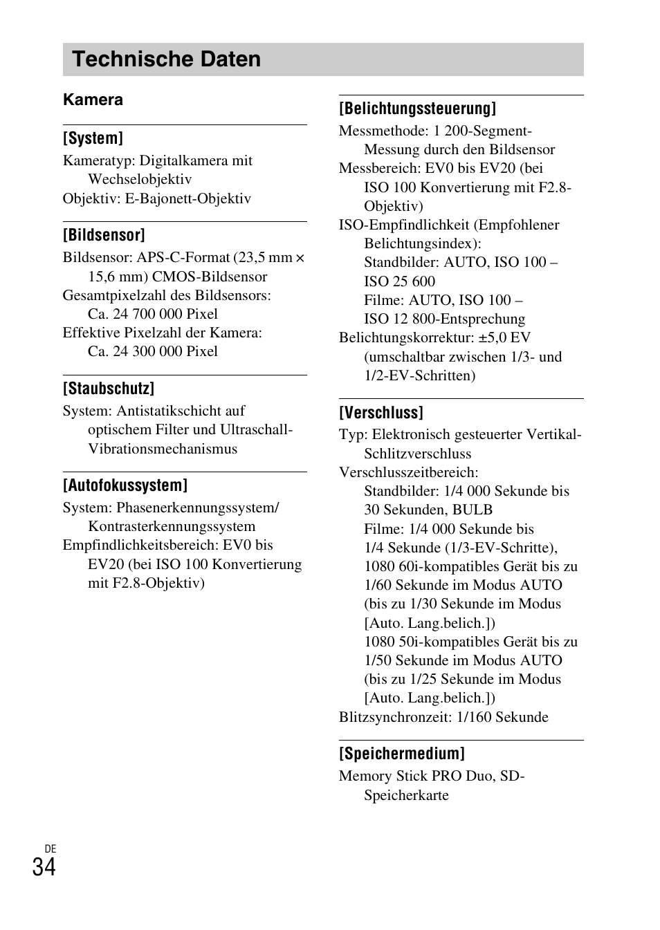 Technische daten | Sony ILCE-6000L User Manual | Page 110 / 519