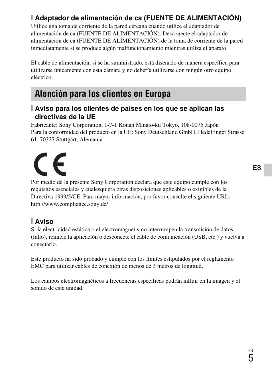 Atención para los clientes en europa | Sony ILCE-6000L User Manual | Page 119 / 519