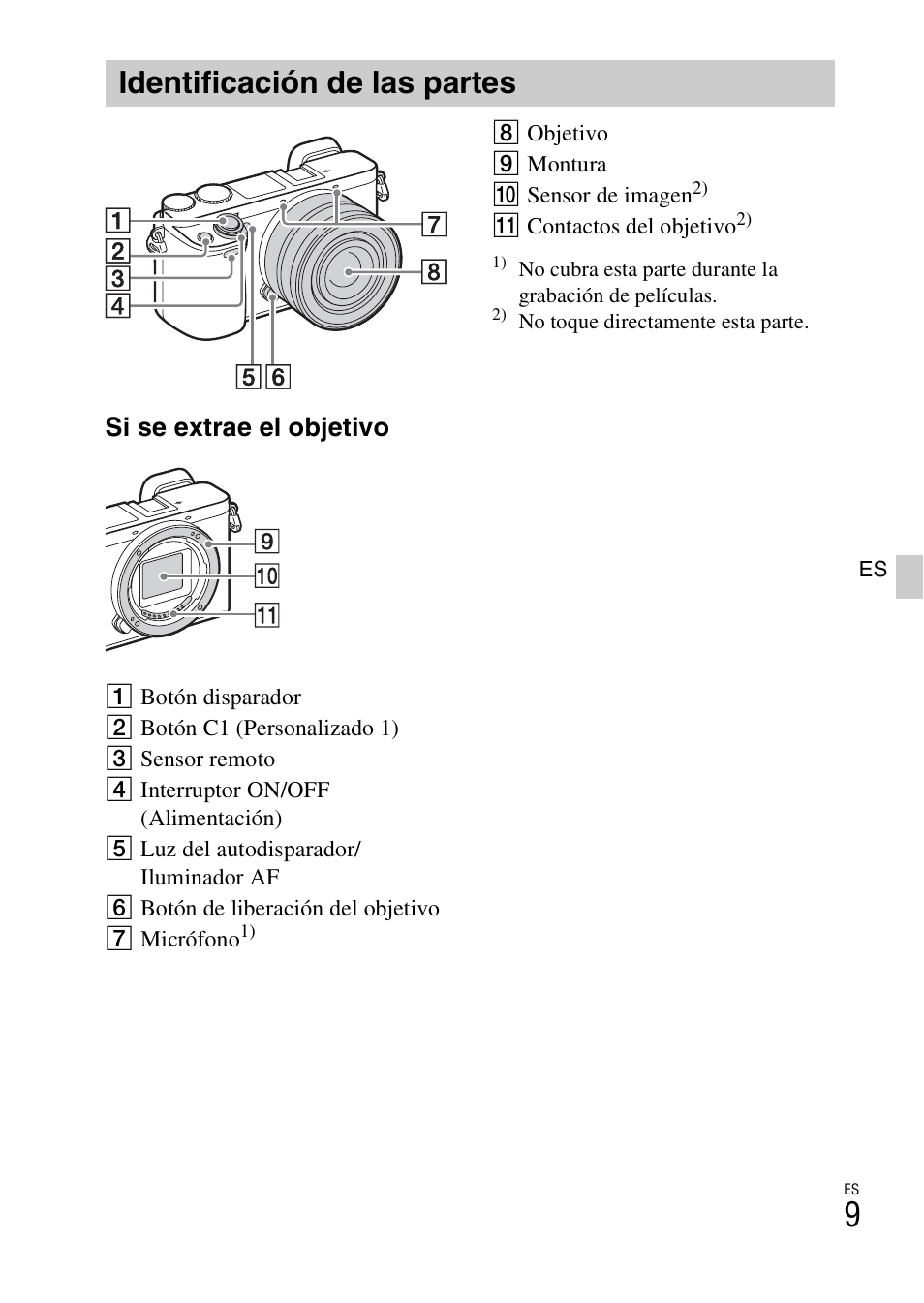 Identificación de las partes, Si se extrae el objetivo | Sony ILCE-6000L User Manual | Page 123 / 519