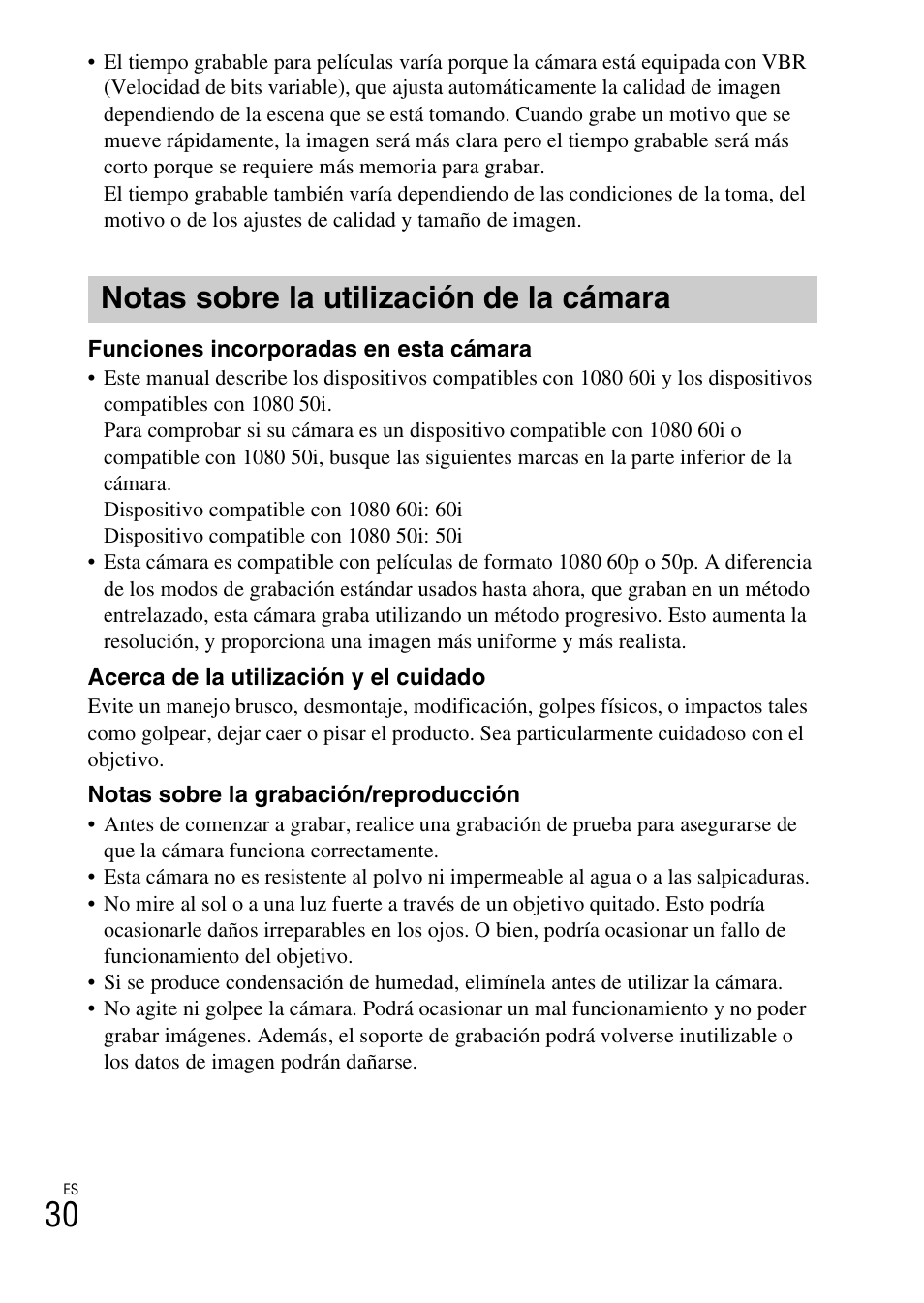 Notas sobre la utilización de la cámara | Sony ILCE-6000L User Manual | Page 144 / 519