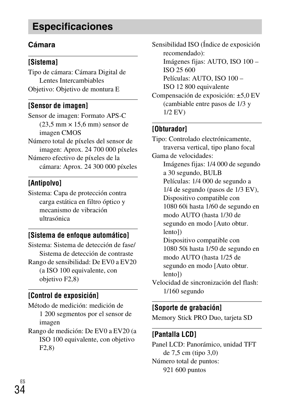 Especificaciones | Sony ILCE-6000L User Manual | Page 148 / 519