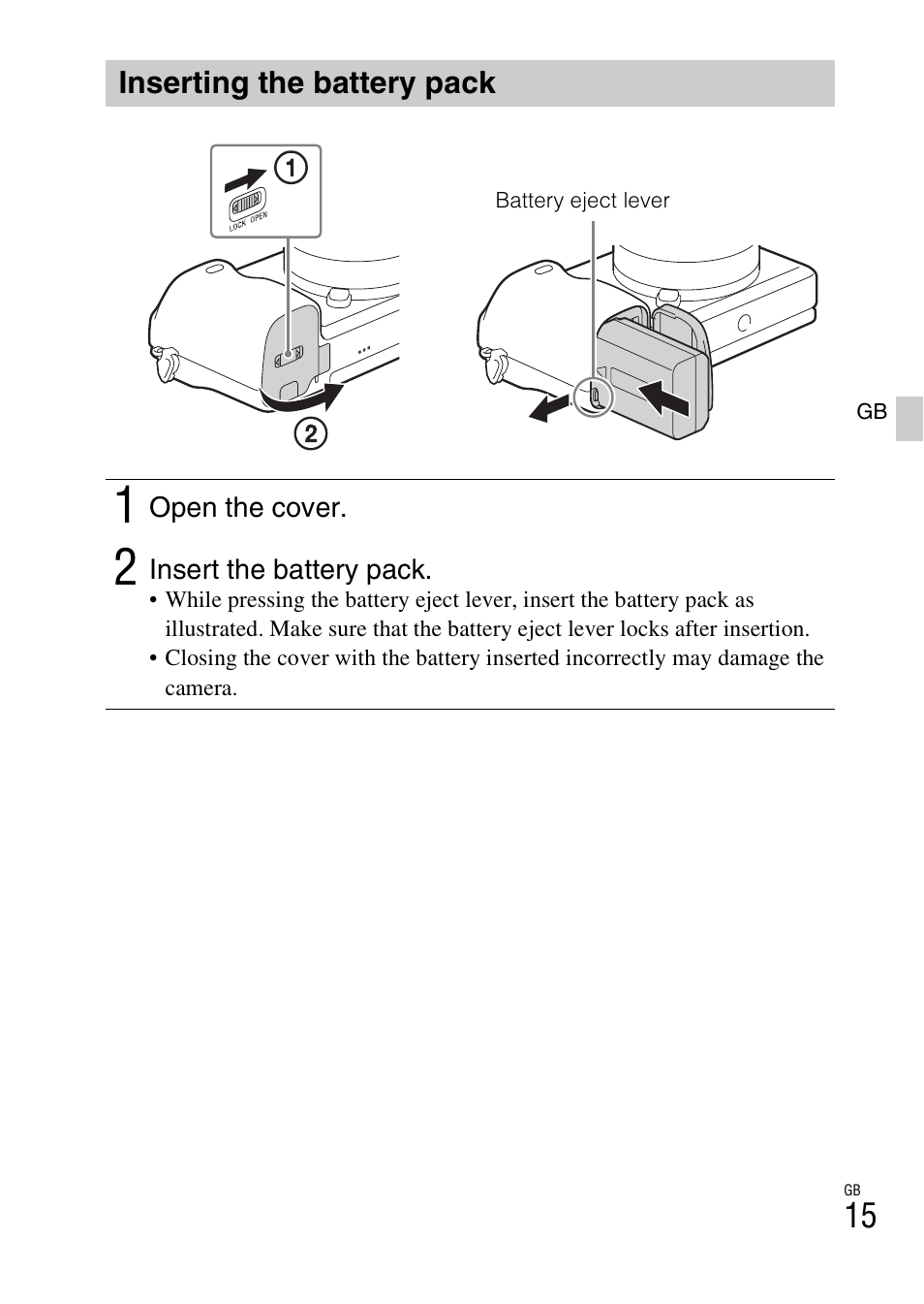Inserting the battery pack | Sony ILCE-6000L User Manual | Page 15 / 519