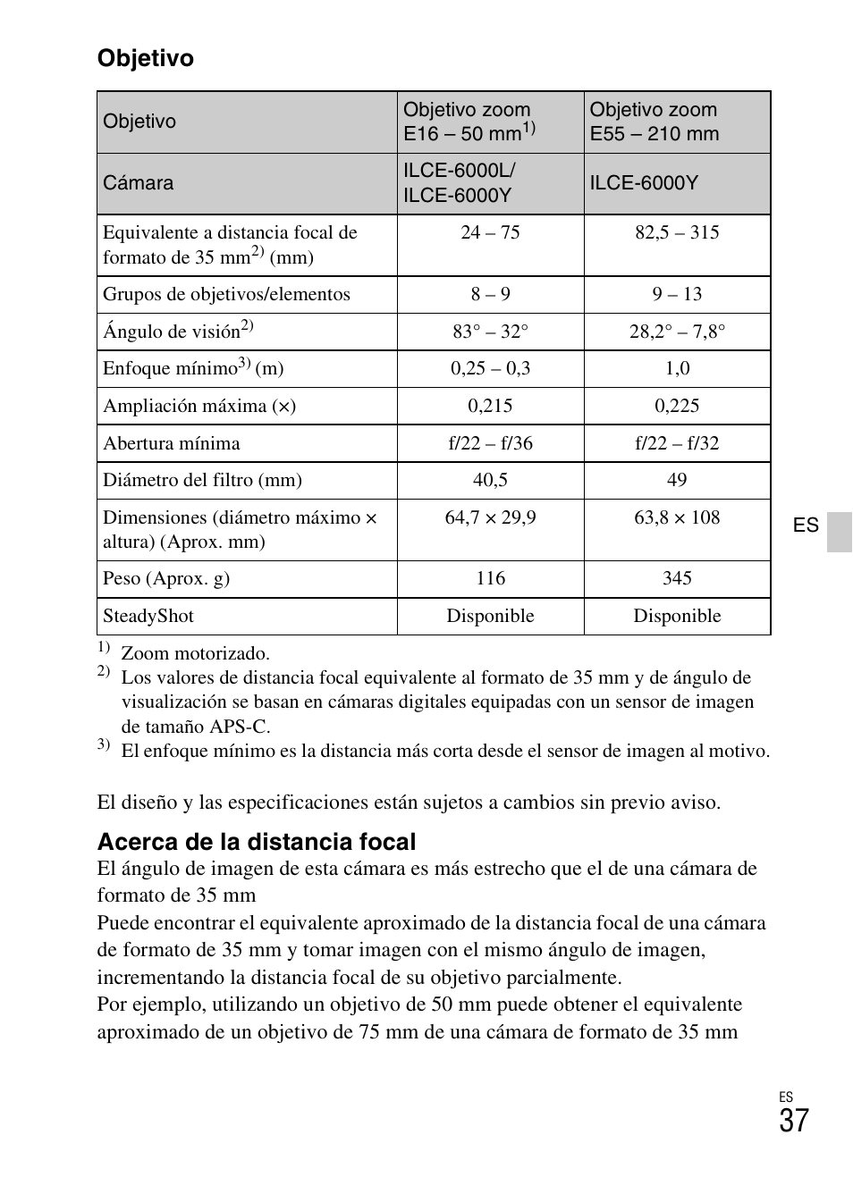 Objetivo, Acerca de la distancia focal | Sony ILCE-6000L User Manual | Page 151 / 519