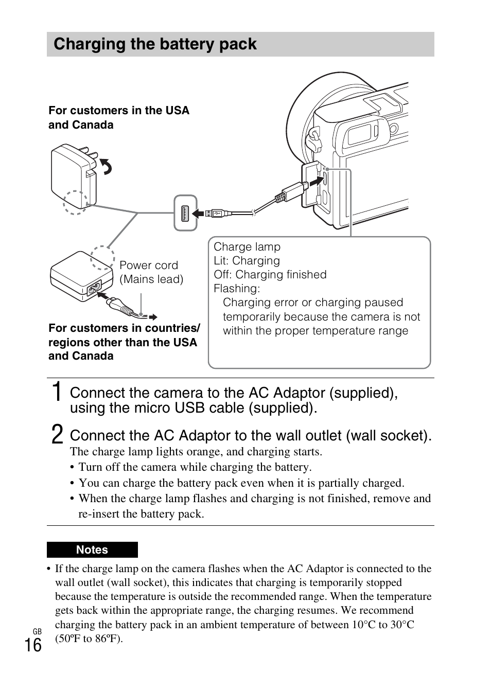 Charging the battery pack | Sony ILCE-6000L User Manual | Page 16 / 519