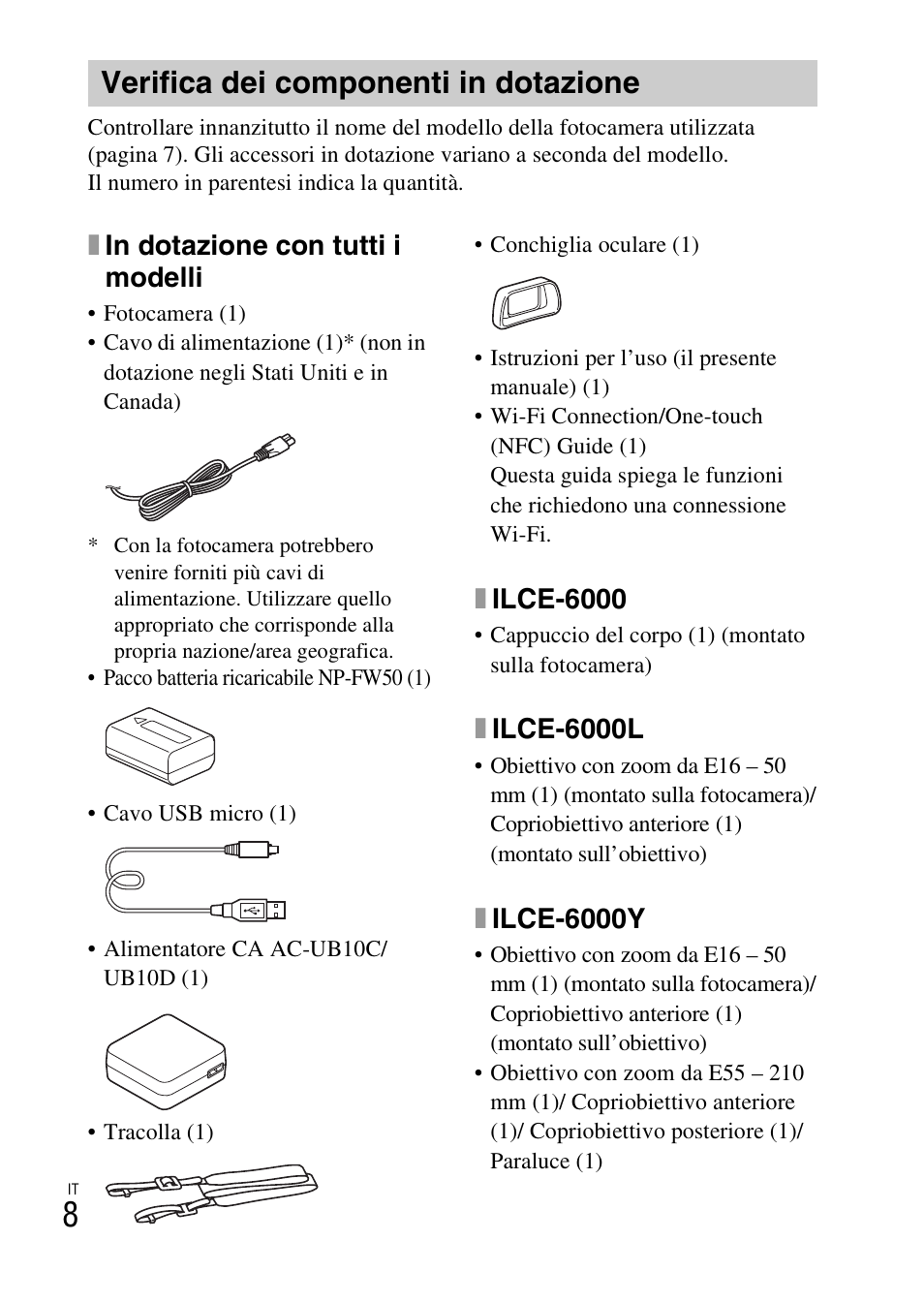 Verifica dei componenti in dotazione, Xin dotazione con tutti i modelli, Xilce-6000 | Xilce-6000l, Xilce-6000y | Sony ILCE-6000L User Manual | Page 160 / 519