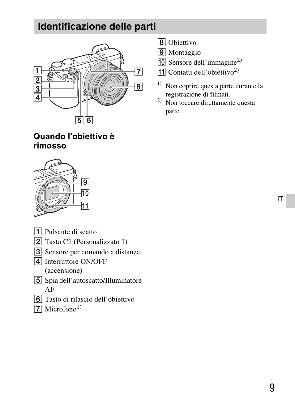 Identificazione delle parti, Quando l’obiettivo è rimosso | Sony ILCE-6000L User Manual | Page 161 / 519