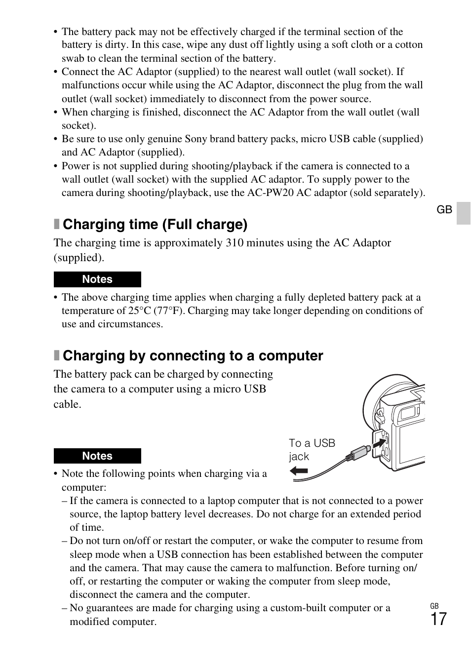 Xcharging time (full charge), Xcharging by connecting to a computer | Sony ILCE-6000L User Manual | Page 17 / 519