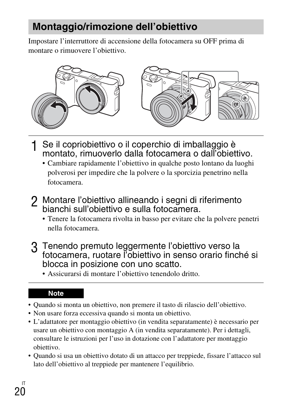 Montaggio/rimozione dell’obiettivo | Sony ILCE-6000L User Manual | Page 172 / 519