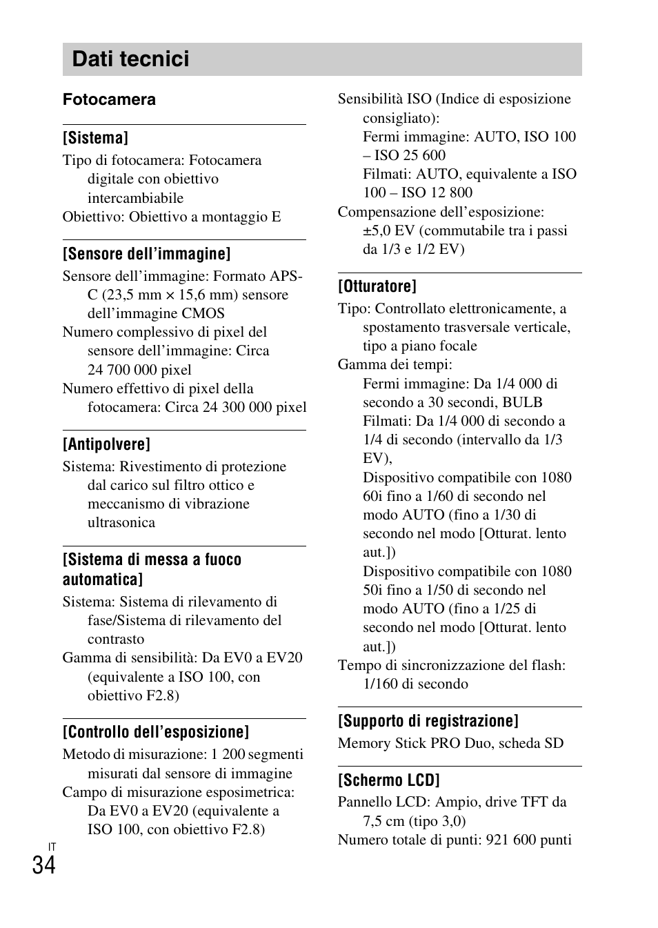 Dati tecnici | Sony ILCE-6000L User Manual | Page 186 / 519