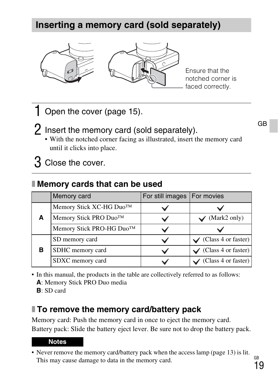 Inserting a memory card (sold separately) | Sony ILCE-6000L User Manual | Page 19 / 519