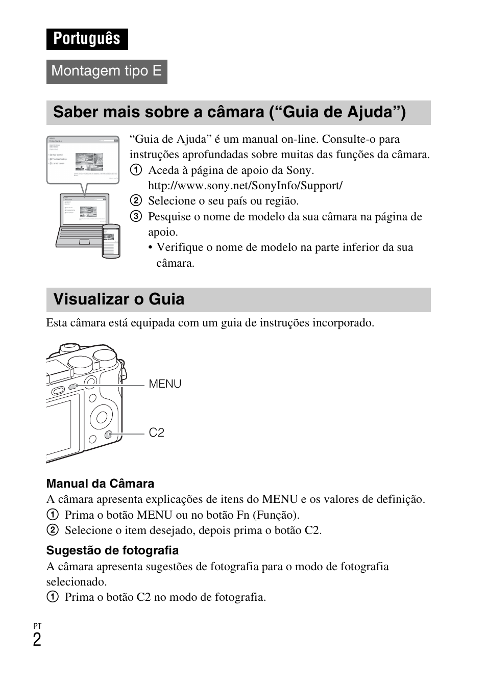 Português, Saber mais sobre a câmara (“guia de ajuda”), Visualizar o guia | Montagem tipo e | Sony ILCE-6000L User Manual | Page 192 / 519