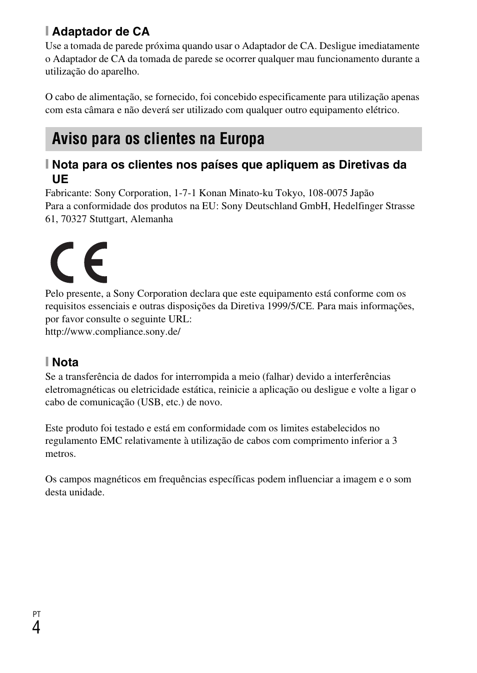 Aviso para os clientes na europa | Sony ILCE-6000L User Manual | Page 194 / 519