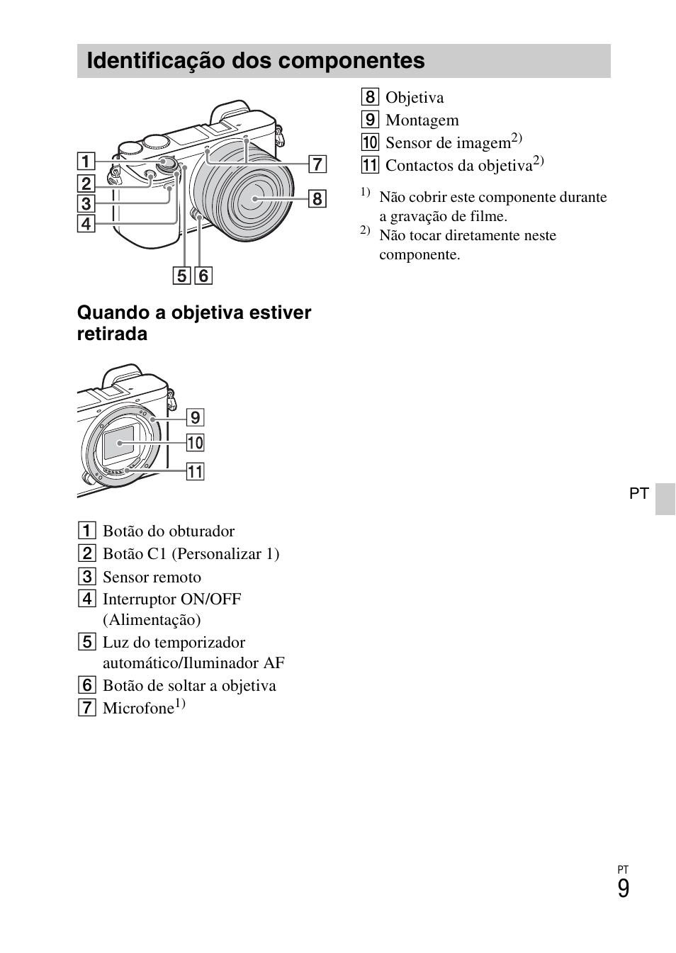 Identificação dos componentes, Quando a objetiva estiver retirada | Sony ILCE-6000L User Manual | Page 199 / 519