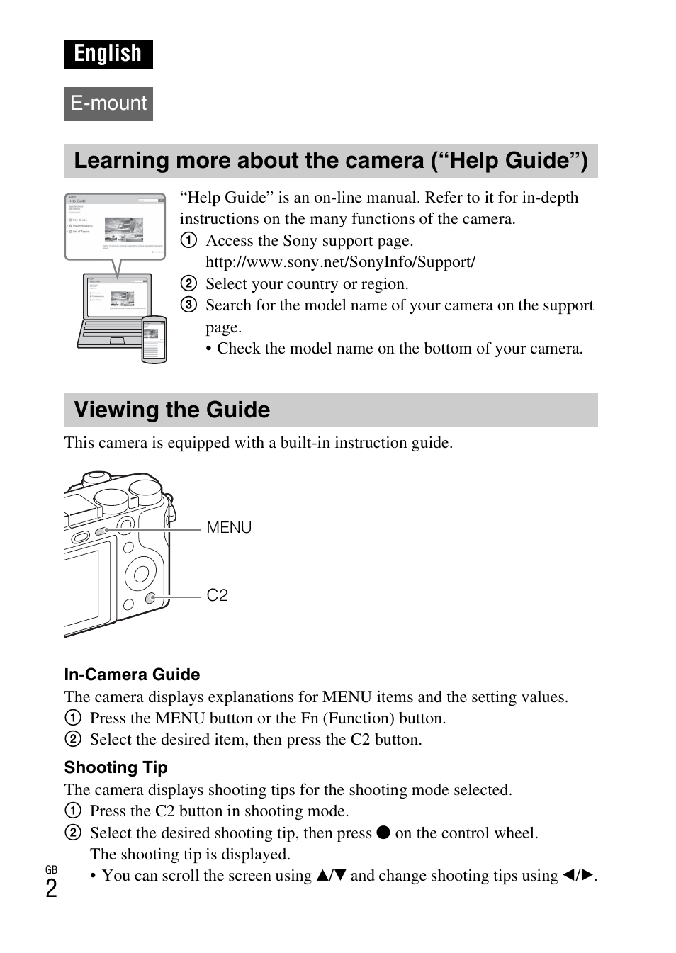 English, Learning more about the camera (“help guide”), Viewing the guide | E-mount | Sony ILCE-6000L User Manual | Page 2 / 519