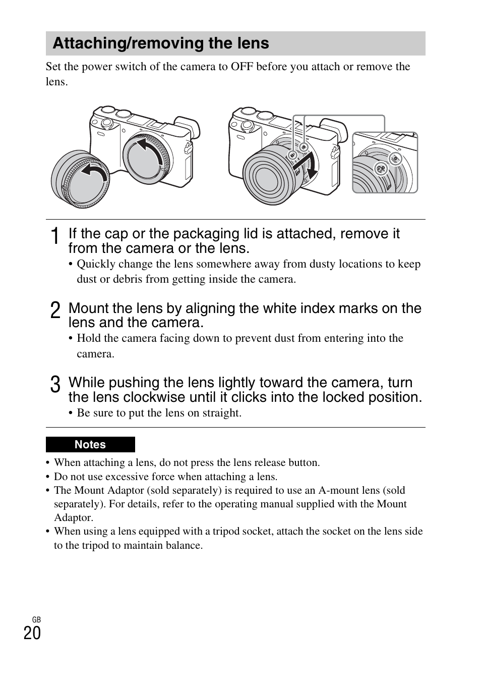 Attaching/removing the lens | Sony ILCE-6000L User Manual | Page 20 / 519