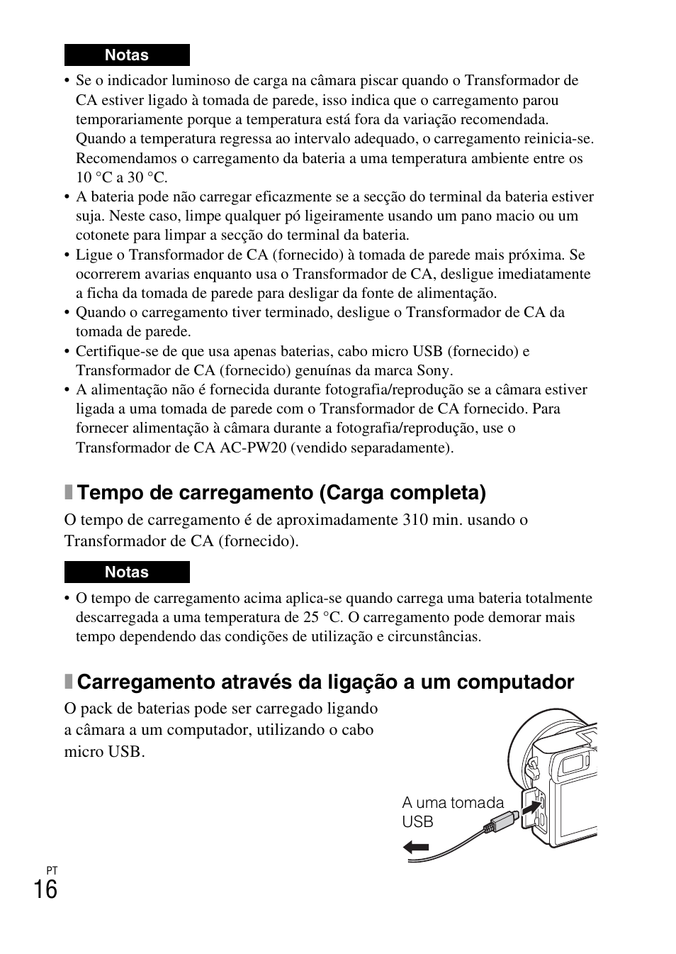 Xtempo de carregamento (carga completa), Xcarregamento através da ligação a um computador | Sony ILCE-6000L User Manual | Page 206 / 519