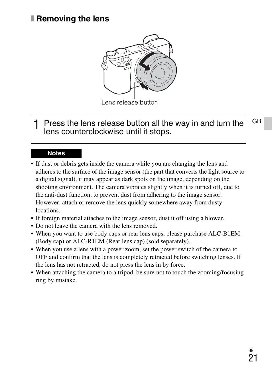 Xremoving the lens | Sony ILCE-6000L User Manual | Page 21 / 519