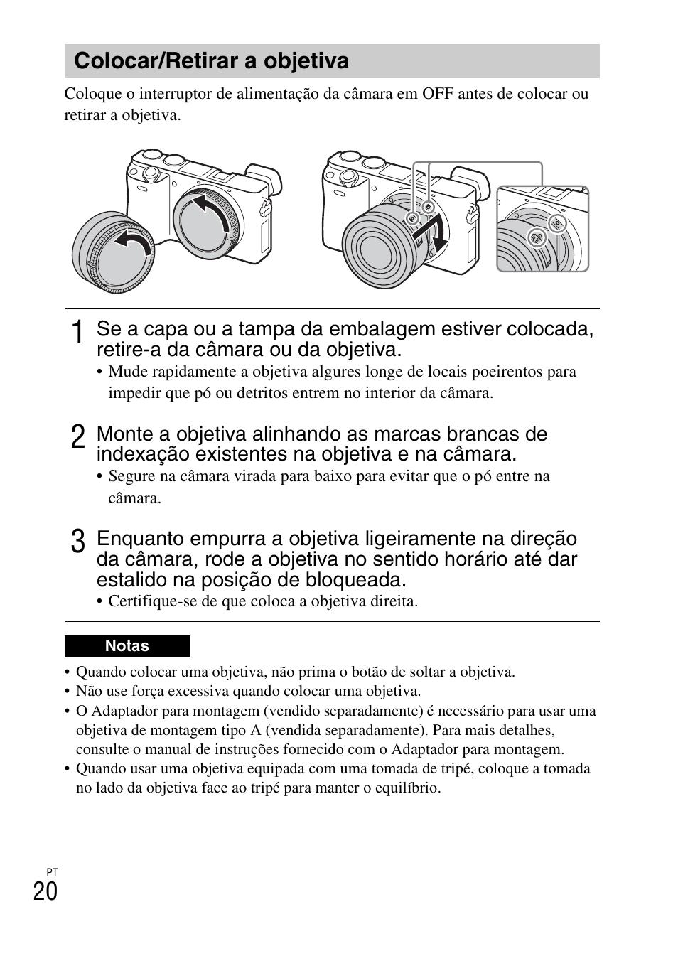 Colocar/retirar a objetiva | Sony ILCE-6000L User Manual | Page 210 / 519