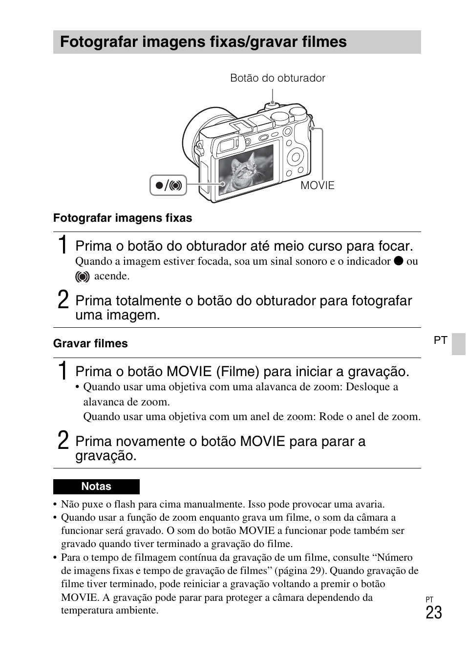 Fotografar imagens fixas/gravar filmes | Sony ILCE-6000L User Manual | Page 213 / 519