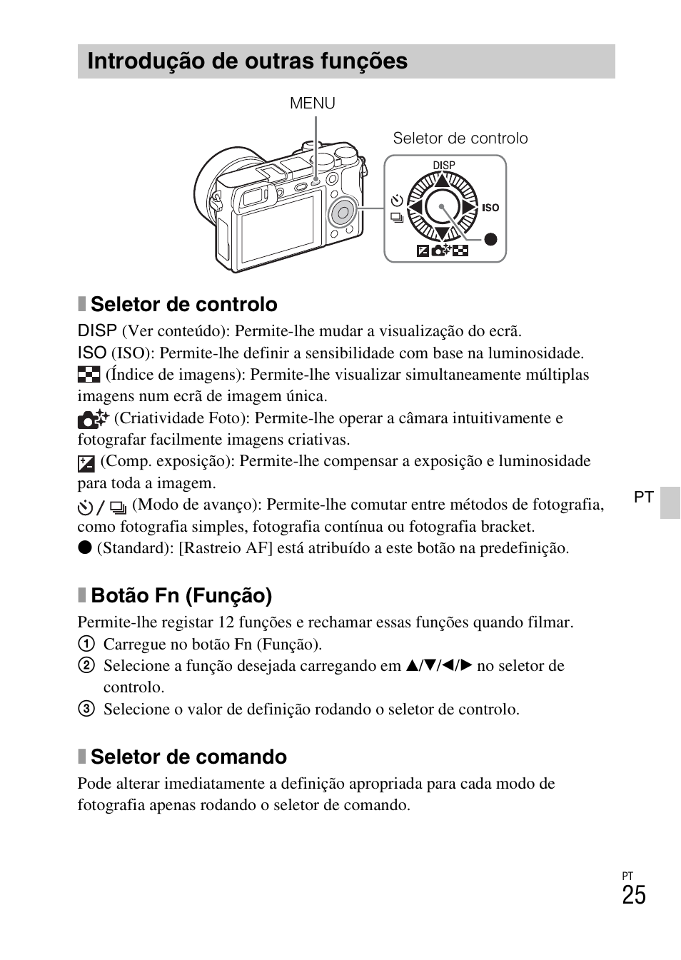 Introdução de outras funções, Xseletor de controlo, Xbotão fn (função) | Xseletor de comando | Sony ILCE-6000L User Manual | Page 215 / 519