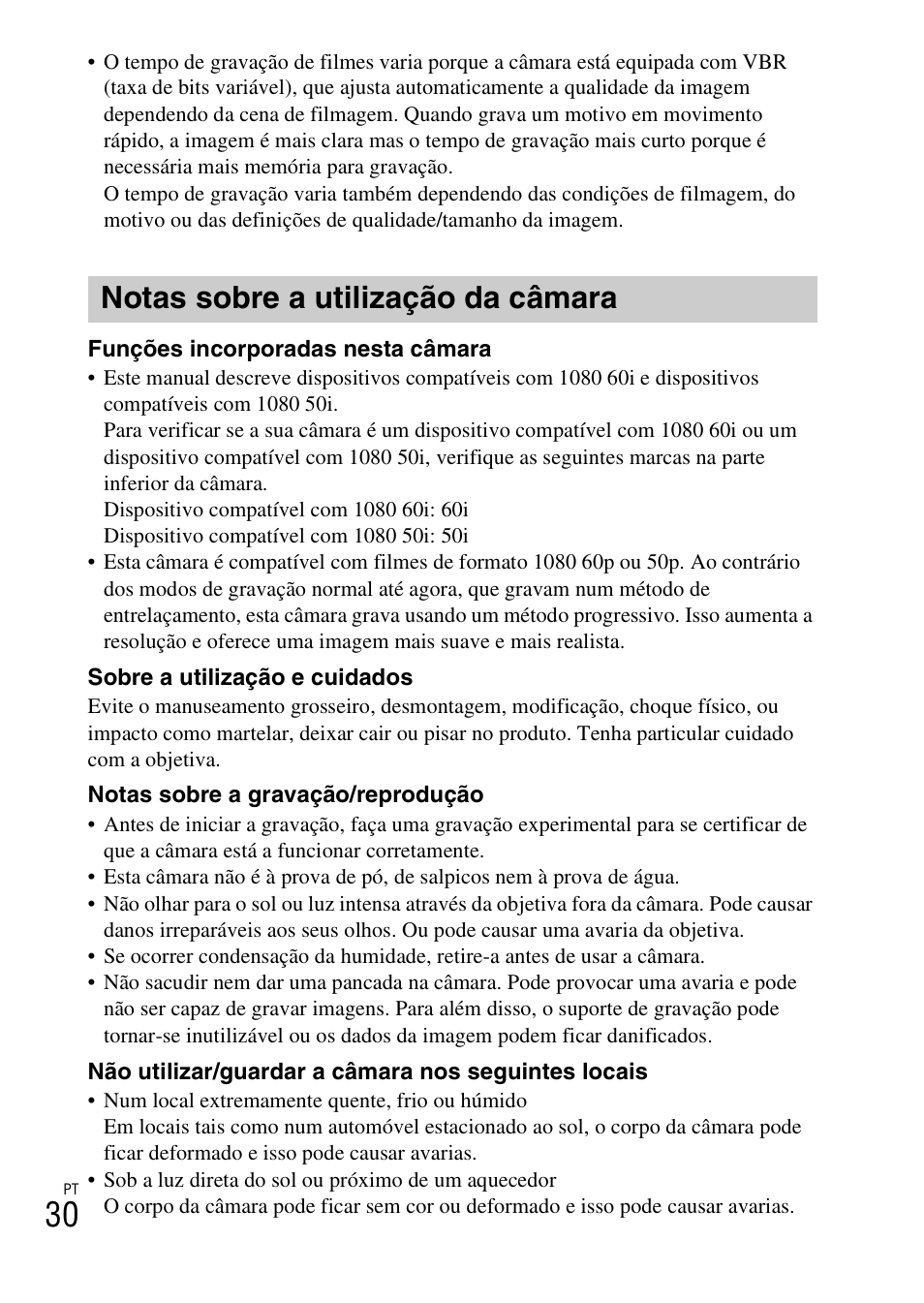 Notas sobre a utilização da câmara | Sony ILCE-6000L User Manual | Page 220 / 519