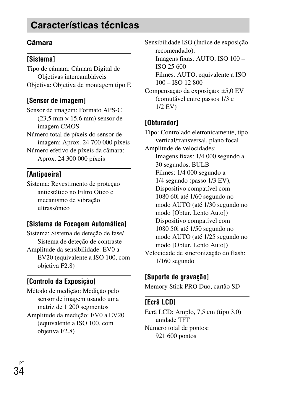 Características técnicas | Sony ILCE-6000L User Manual | Page 224 / 519