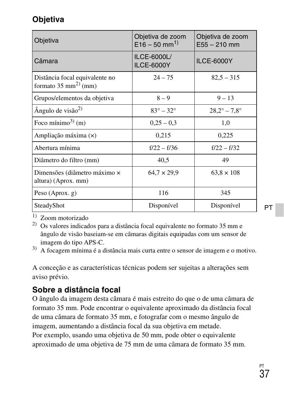 Objetiva, Sobre a distância focal | Sony ILCE-6000L User Manual | Page 227 / 519