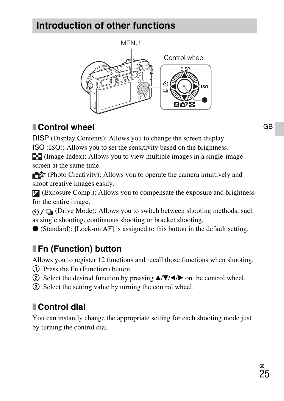 Introduction of other functions, P. 25, Xcontrol wheel | Xfn (function) button, Xcontrol dial | Sony ILCE-6000L User Manual | Page 25 / 519