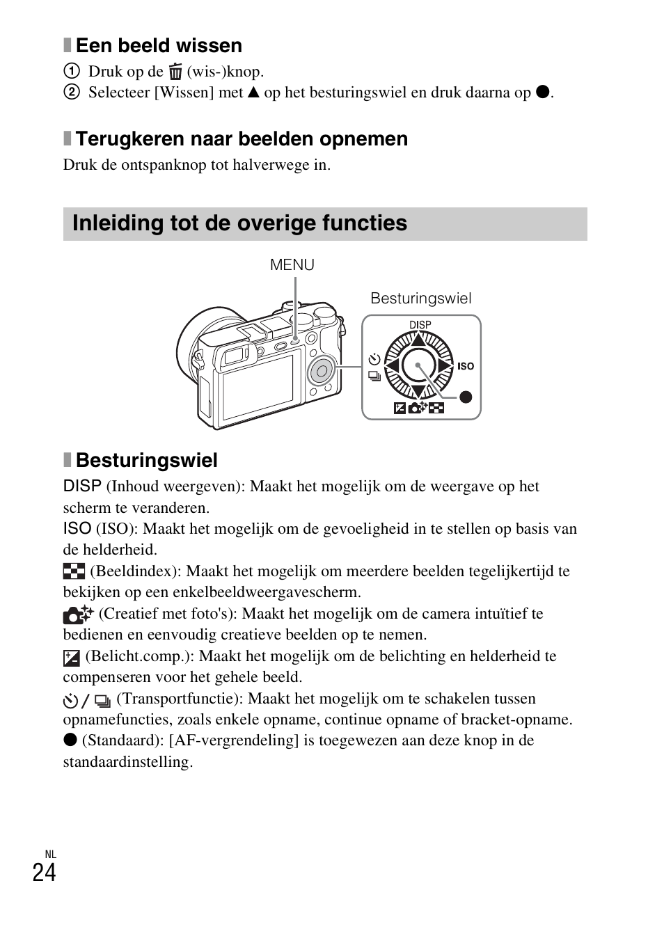 Inleiding tot de overige functies, Xeen beeld wissen, Xterugkeren naar beelden opnemen | Xbesturingswiel | Sony ILCE-6000L User Manual | Page 252 / 519