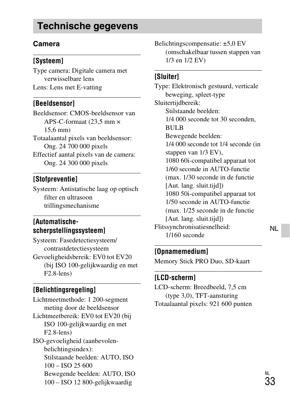 Technische gegevens | Sony ILCE-6000L User Manual | Page 261 / 519