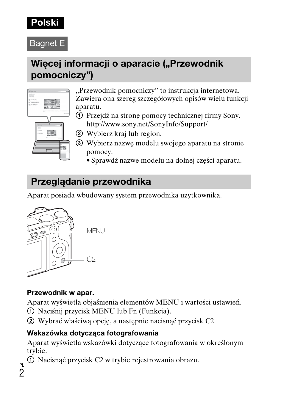 Polski, Przeglądanie przewodnika, Bagnet e | Sony ILCE-6000L User Manual | Page 266 / 519