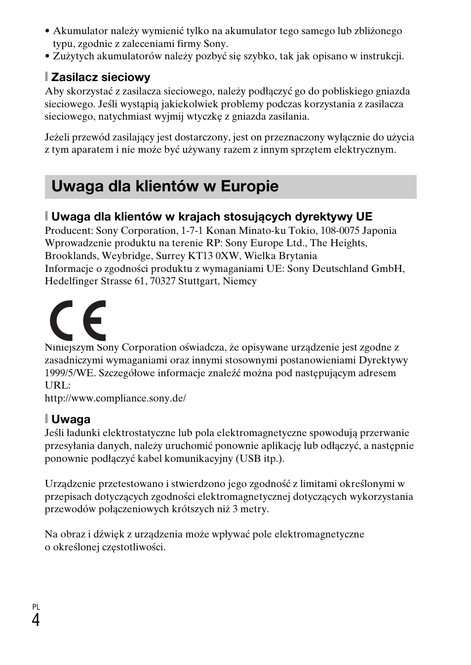 Uwaga dla klientów w europie | Sony ILCE-6000L User Manual | Page 268 / 519