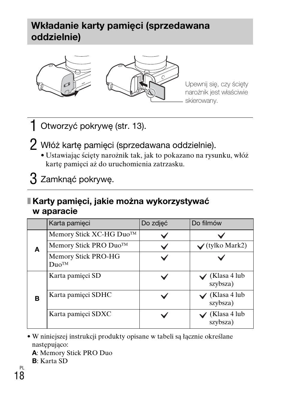 Wkładanie karty pamięci (sprzedawana oddzielnie) | Sony ILCE-6000L User Manual | Page 282 / 519