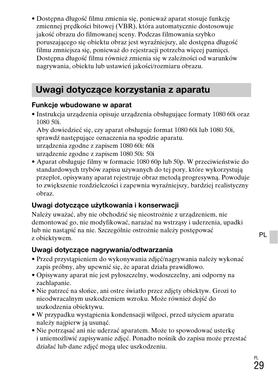 Uwagi dotyczące korzystania z aparatu | Sony ILCE-6000L User Manual | Page 293 / 519