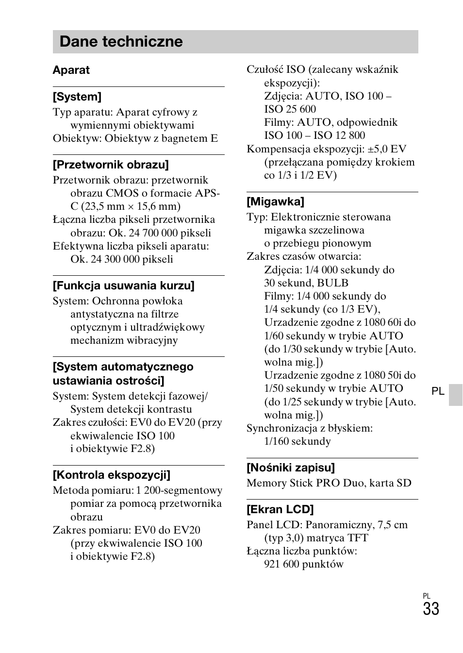 Dane techniczne | Sony ILCE-6000L User Manual | Page 297 / 519