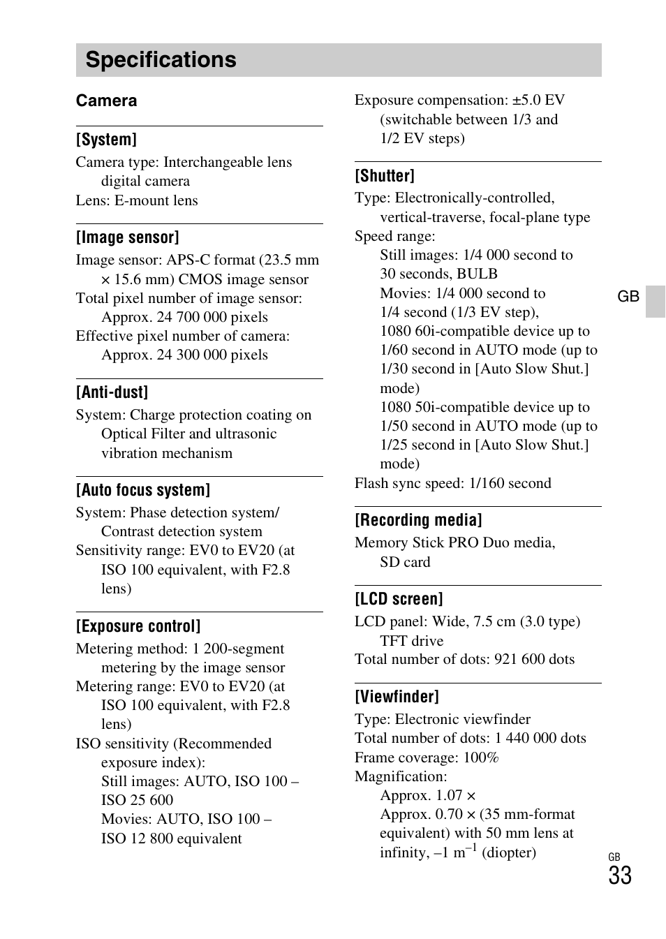 Specifications | Sony ILCE-6000L User Manual | Page 33 / 519