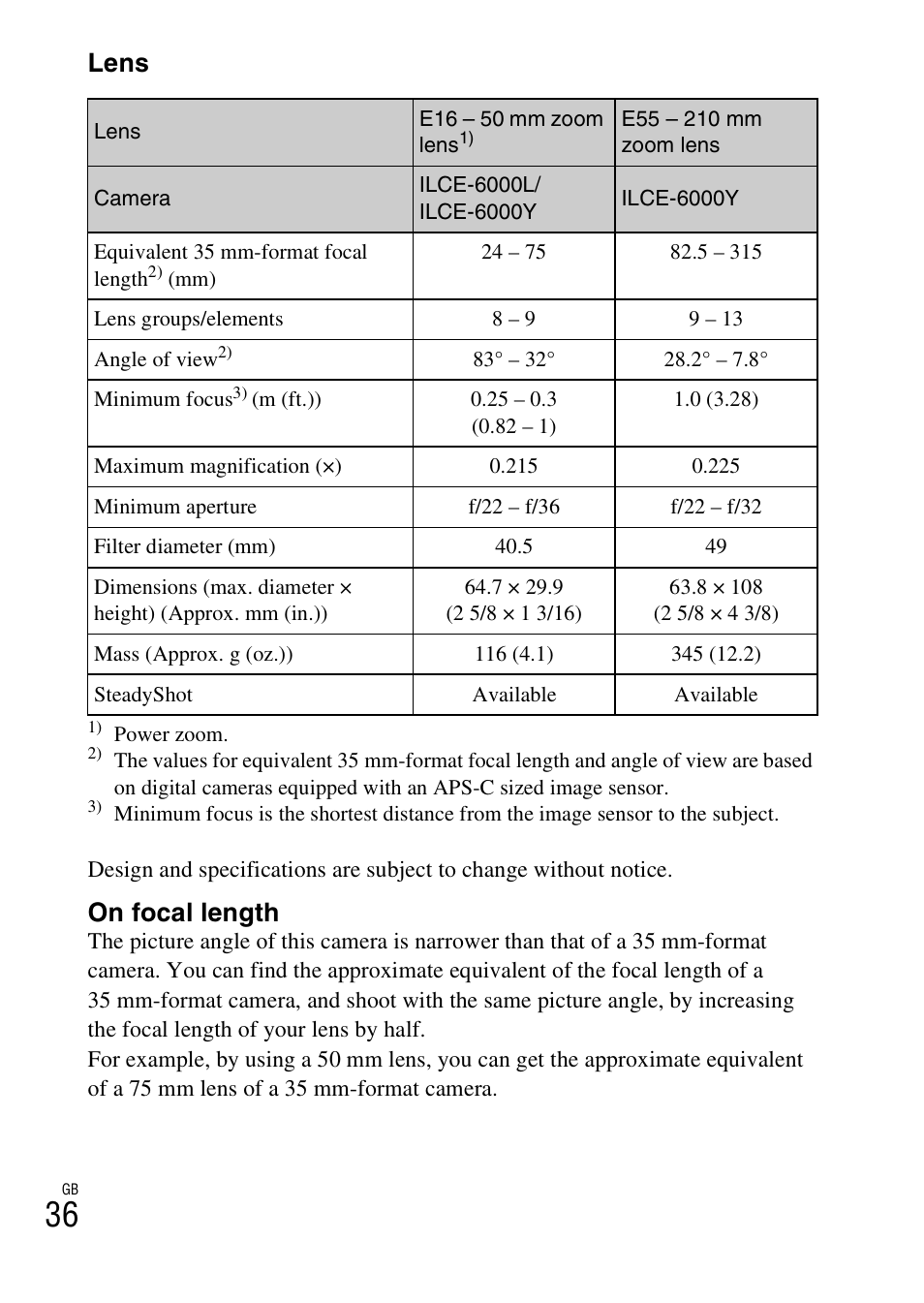 Lens, On focal length | Sony ILCE-6000L User Manual | Page 36 / 519