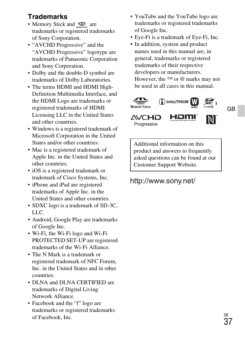 Trademarks | Sony ILCE-6000L User Manual | Page 37 / 519