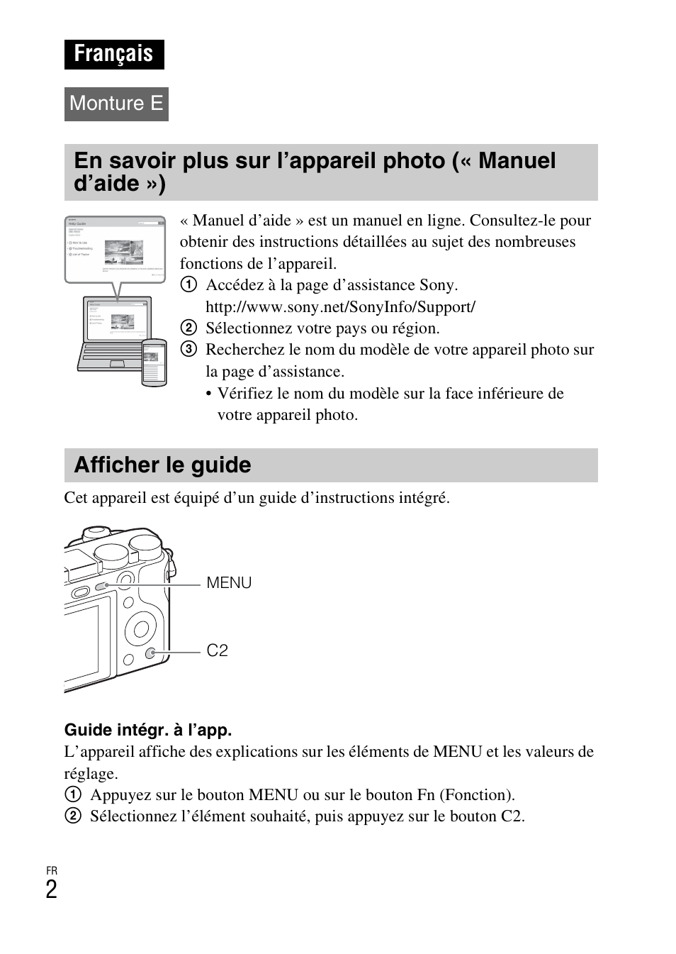 Français, Afficher le guide, Monture e | Sony ILCE-6000L User Manual | Page 38 / 519