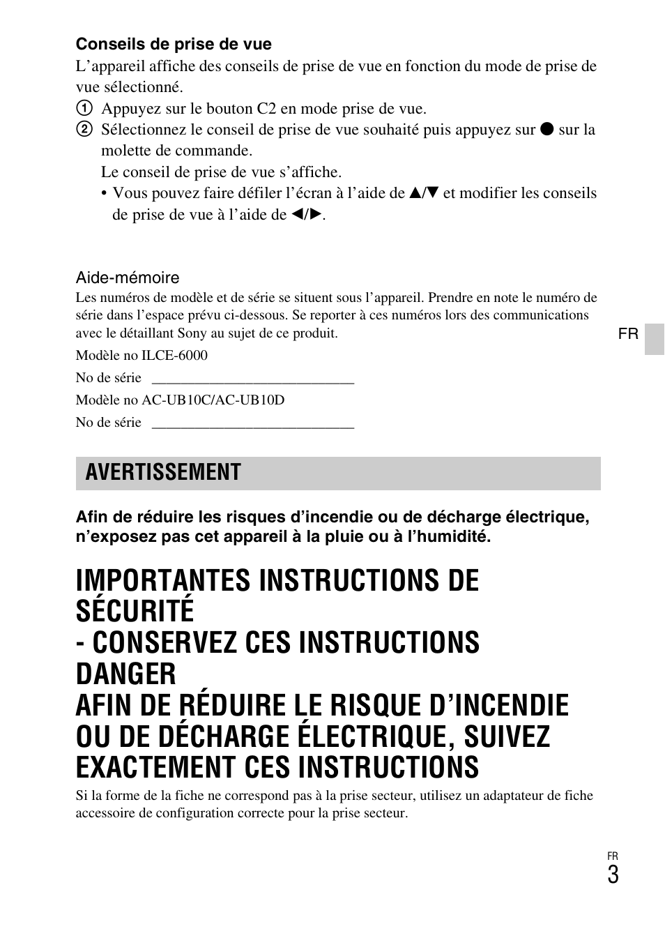 Avertissement | Sony ILCE-6000L User Manual | Page 39 / 519