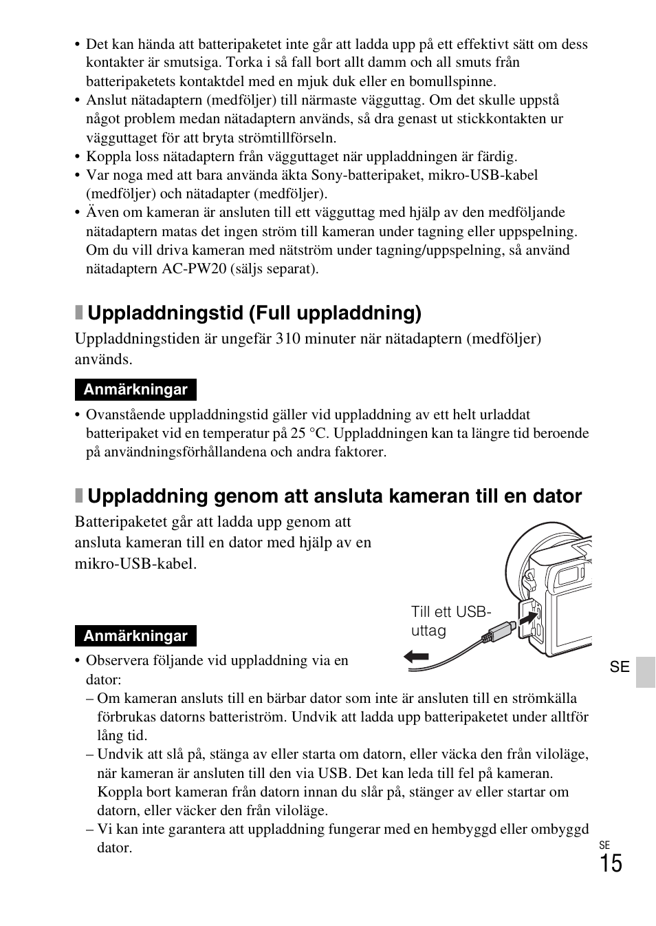 Xuppladdningstid (full uppladdning) | Sony ILCE-6000L User Manual | Page 395 / 519