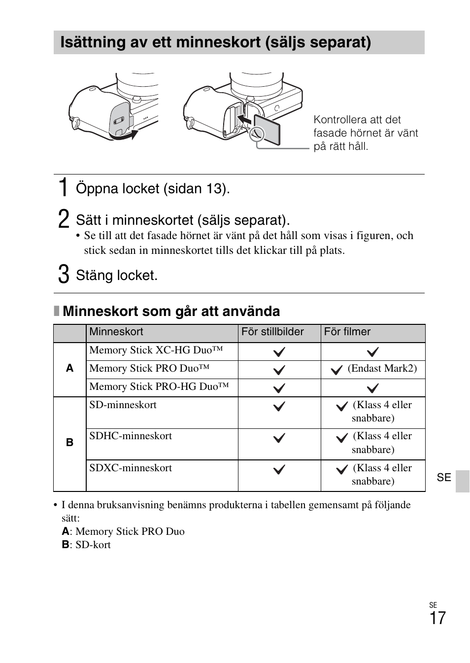 Isättning av ett minneskort (säljs separat) | Sony ILCE-6000L User Manual | Page 397 / 519