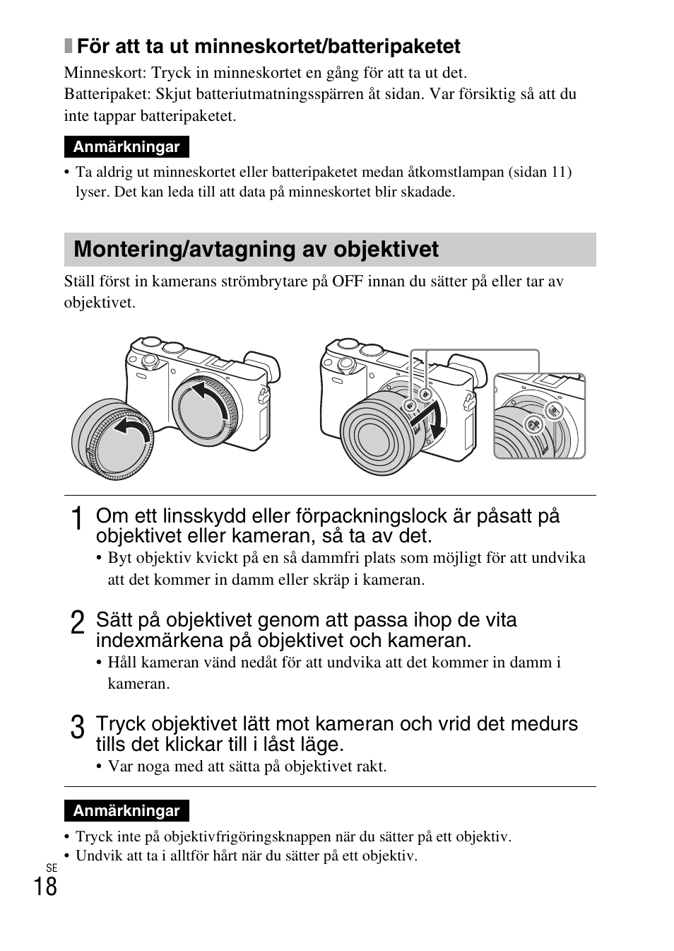 Montering/avtagning av objektivet | Sony ILCE-6000L User Manual | Page 398 / 519