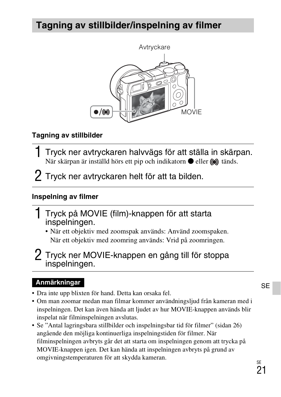 Tagning av stillbilder/inspelning av filmer, Sidan 21 | Sony ILCE-6000L User Manual | Page 401 / 519