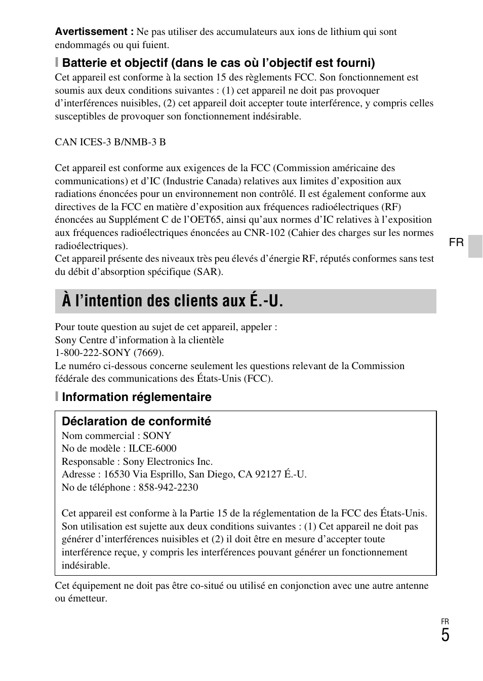 À l’intention des clients aux é.-u | Sony ILCE-6000L User Manual | Page 41 / 519