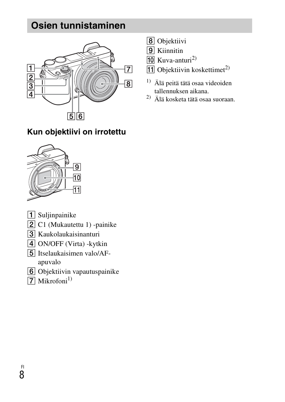 Osien tunnistaminen, Kun objektiivi on irrotettu | Sony ILCE-6000L User Manual | Page 422 / 519