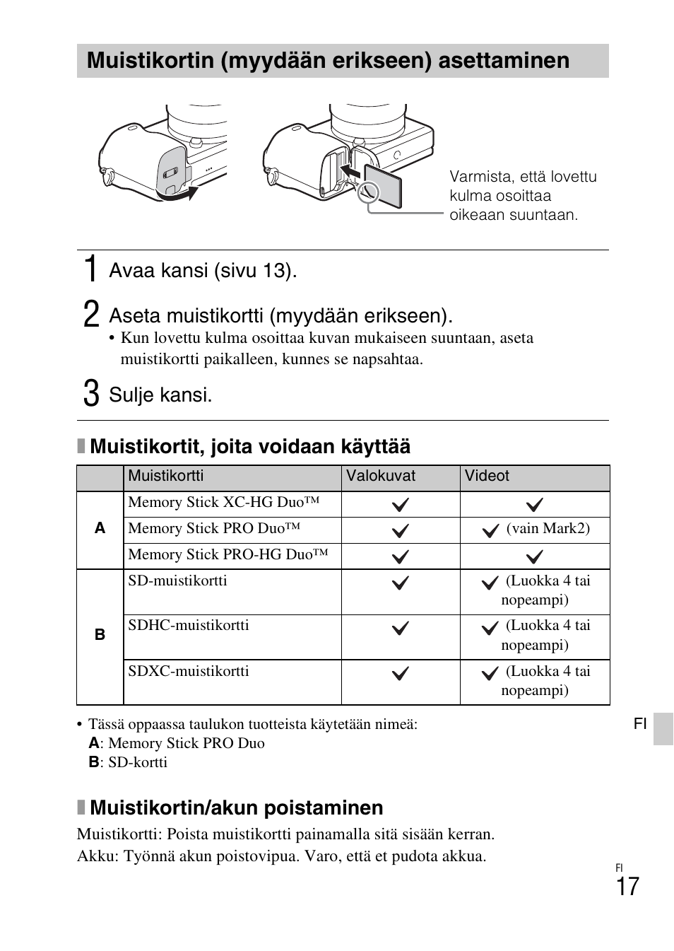 Muistikortin (myydään erikseen) asettaminen | Sony ILCE-6000L User Manual | Page 431 / 519